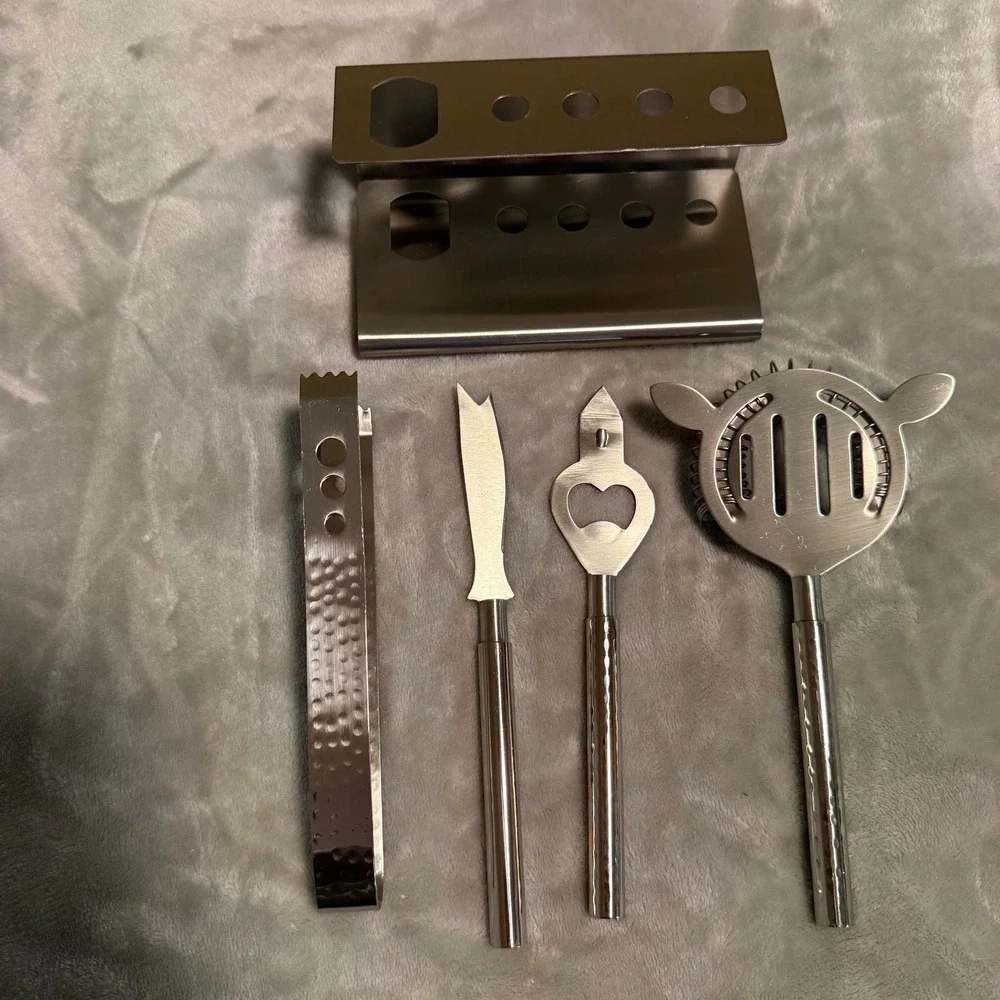 New Stainless Steel Bar Tool‎ Set w/ Stand – Strainer, Knife, Opener & Ice Tongs